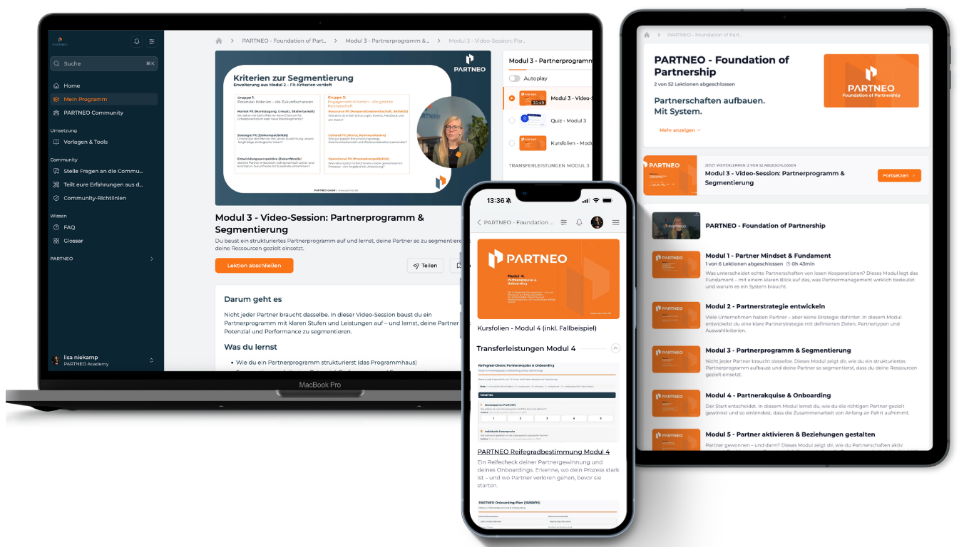 PARTNEO Foundation of Partnership – Lernplattform Online-Programm für strukturiertes Partnermanagement: PARTNEO „Foundation of Partnership" mit 7 Modulen auf mehreren Geräten